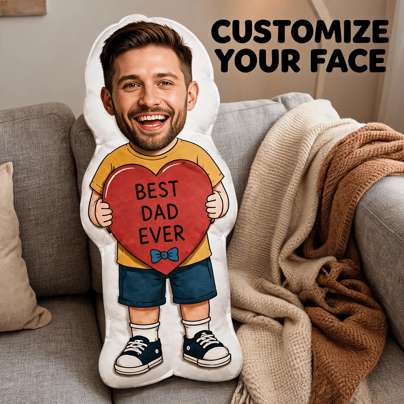 Custom Photo Shaped Pillow, Personalized Picture of Loved One Holding Best Dad Ever Heart, Unique Decorative Cushion for Home De