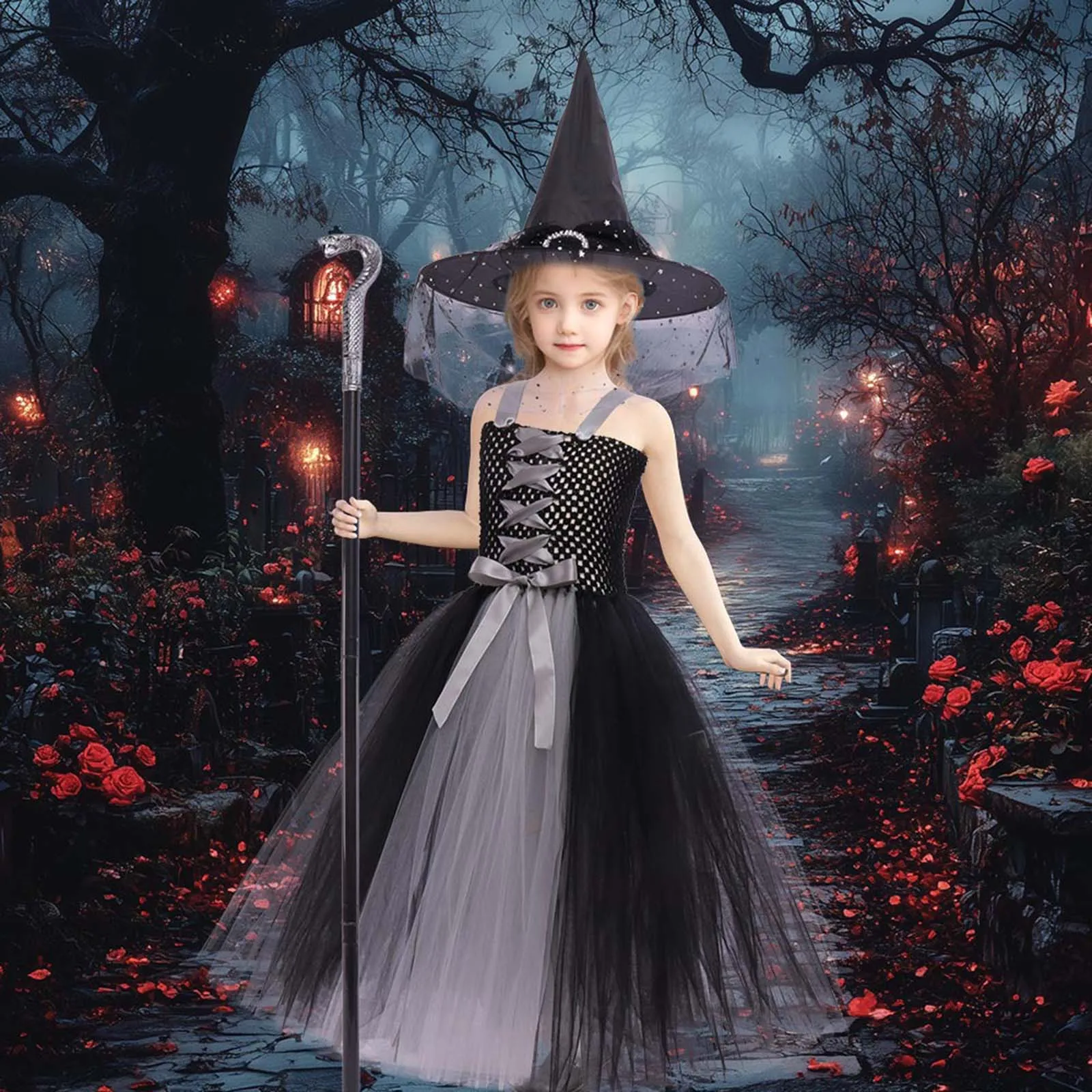 

Girls Performance Costume Dress Halloween Party Cosplay Black Witch Long Dress Halloween Festival Role Play Dresses Costume