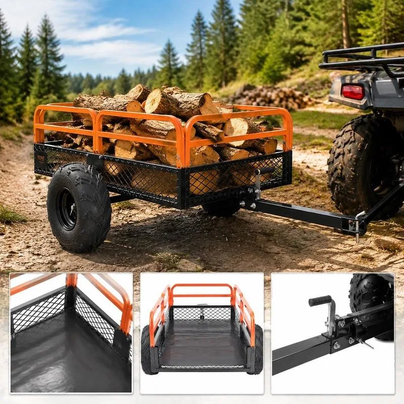 Remorque de jardin robuste pour tracteur avec capacité de charge de 680 kg, panneaux latéraux pliables, attelage pour ATV, UTV, utilitaire de jardin, orange