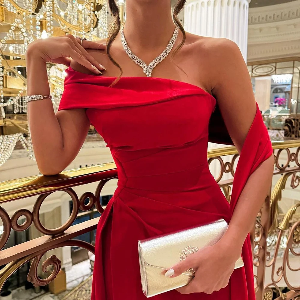 Msikoods Red Evening Dress Elegant With Shawl Side Slit Formal Prom Dress Pleated Party Dress Gowns Saudi Arabia Special Evens