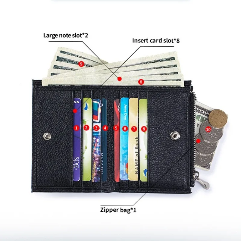 Ladies Genuine Leather Bifold Wallet Multi‑Card Organizer Snap Closure Wallet with Zipper Coin Pocket Compact Purse for Women