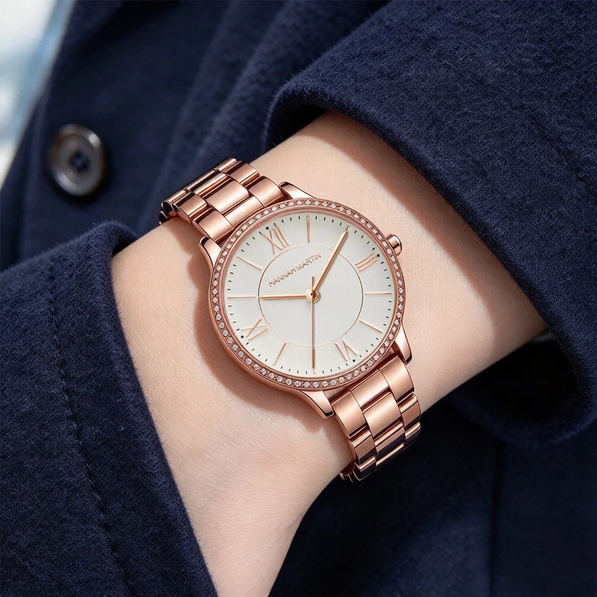 Hannah Martin Watch Women 34mm Case Rhinestone Design Japanese Movement Fashion Stainless Steel Luxury Women Watches Reloj Mujer