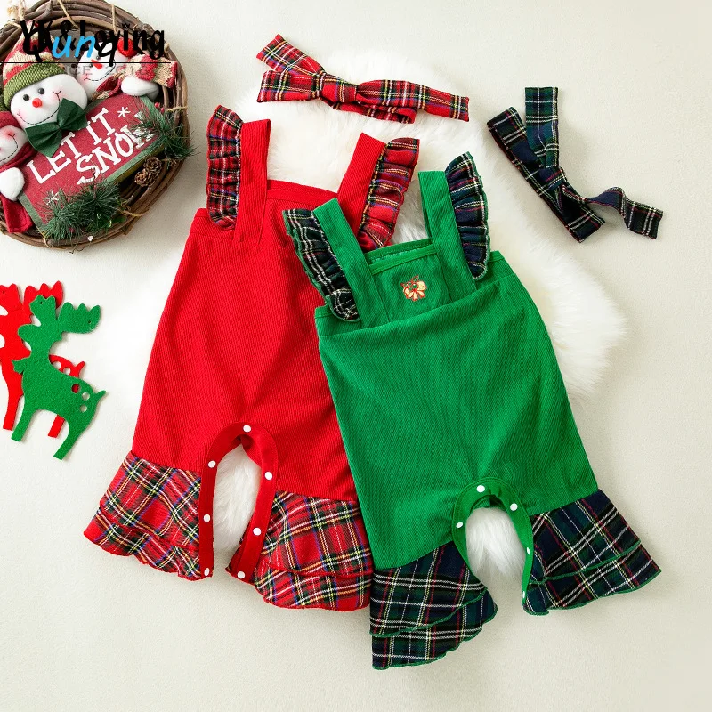 

Qunq 2023 Autumn New Baby Girls Christmas Costume Ruffled Flying Sleeves Splice Bell Bottoms Romper Casual Kids Clothes 0-2T