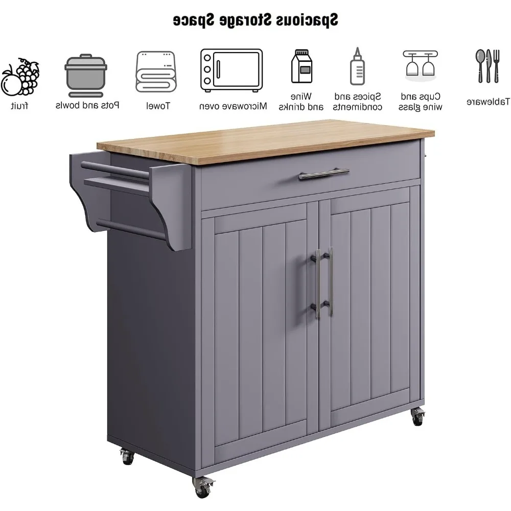 عربة جزيرة المطبخ الخشبية المتنقلة مع عجلات دوارة، وسطح منشفة، وبار توابل