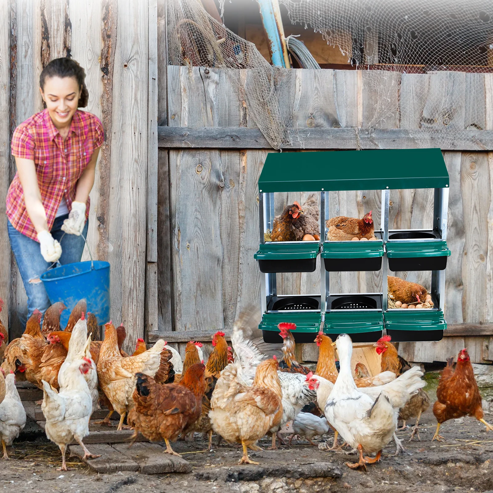 

Chicken Nesting Box for Laying Eggs, 6 Hole Chicken Laying Boxes with Lid Cover, Hens Chicken Coop Box to Collect Egg, 2 Color