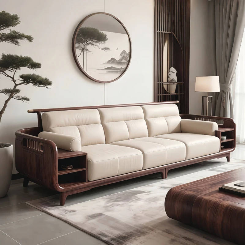 New Chinese solid wood sofa walnut living room meeting guests light luxury straight row sofa