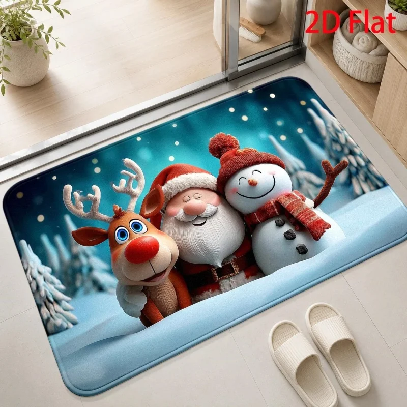 Cute Santa Claus And Reindeer Printed Door Mat, Soft Winter Snow‑themed Floor Rug, Festive Household Entry Mat for Front Door