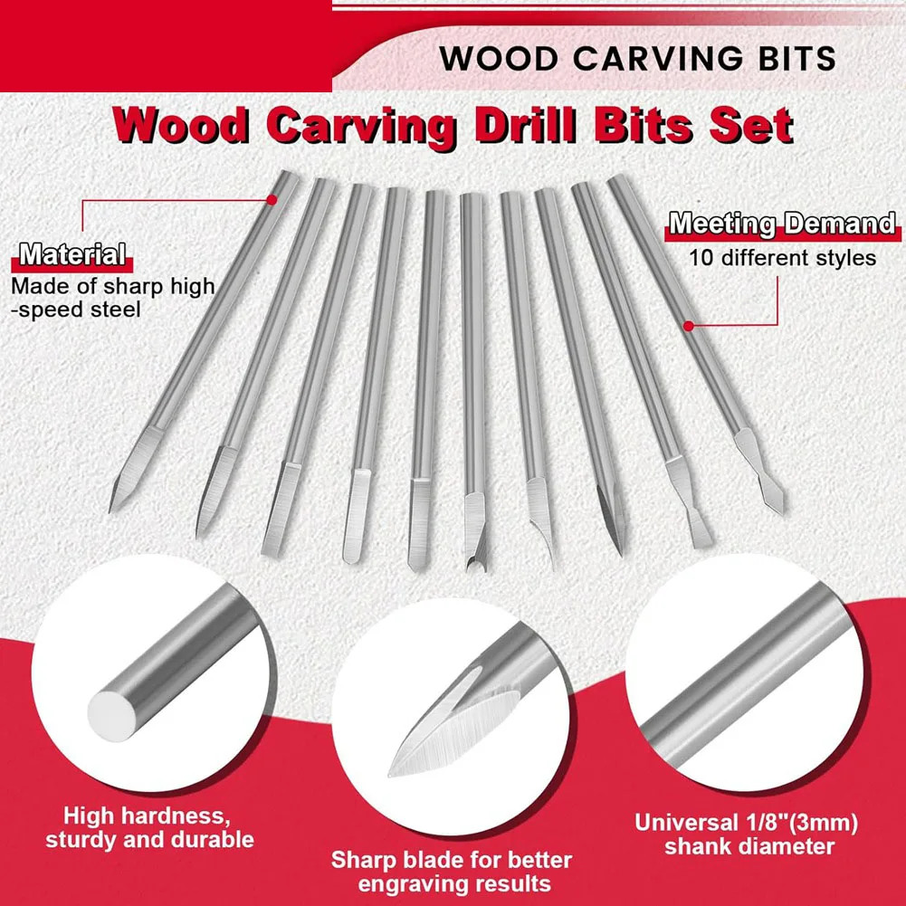 【Penjualan Baru】 10 Buah Alat Ukir Kayu 1/8 "Batang Alat Pertukangan Alat Putar Bit Kompatibel untuk Pengeboran Ukir