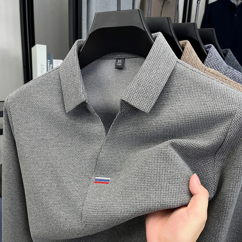 

High end brand men's long sleeve V-neck polo shirt autumn fashion new striped embroidery design boutique golf top casual T-shirt