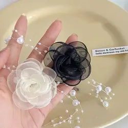 Romantic Pearls Rose Flower Choker Necklaces Black White Gauze Rose Short Necklace Neck Accessories Adjustable Clavicular Chain