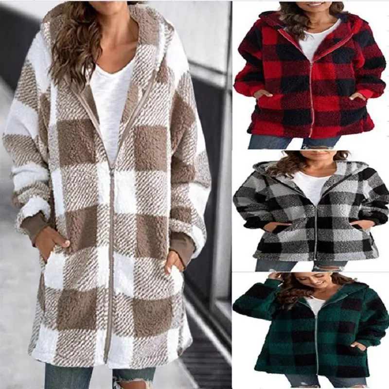 

Modern Sle Plu Women's Jaet Long Sved Plaid Hooded Zipper Wi Polyester Fiber Single Piece Autumn Season Striped Pattern