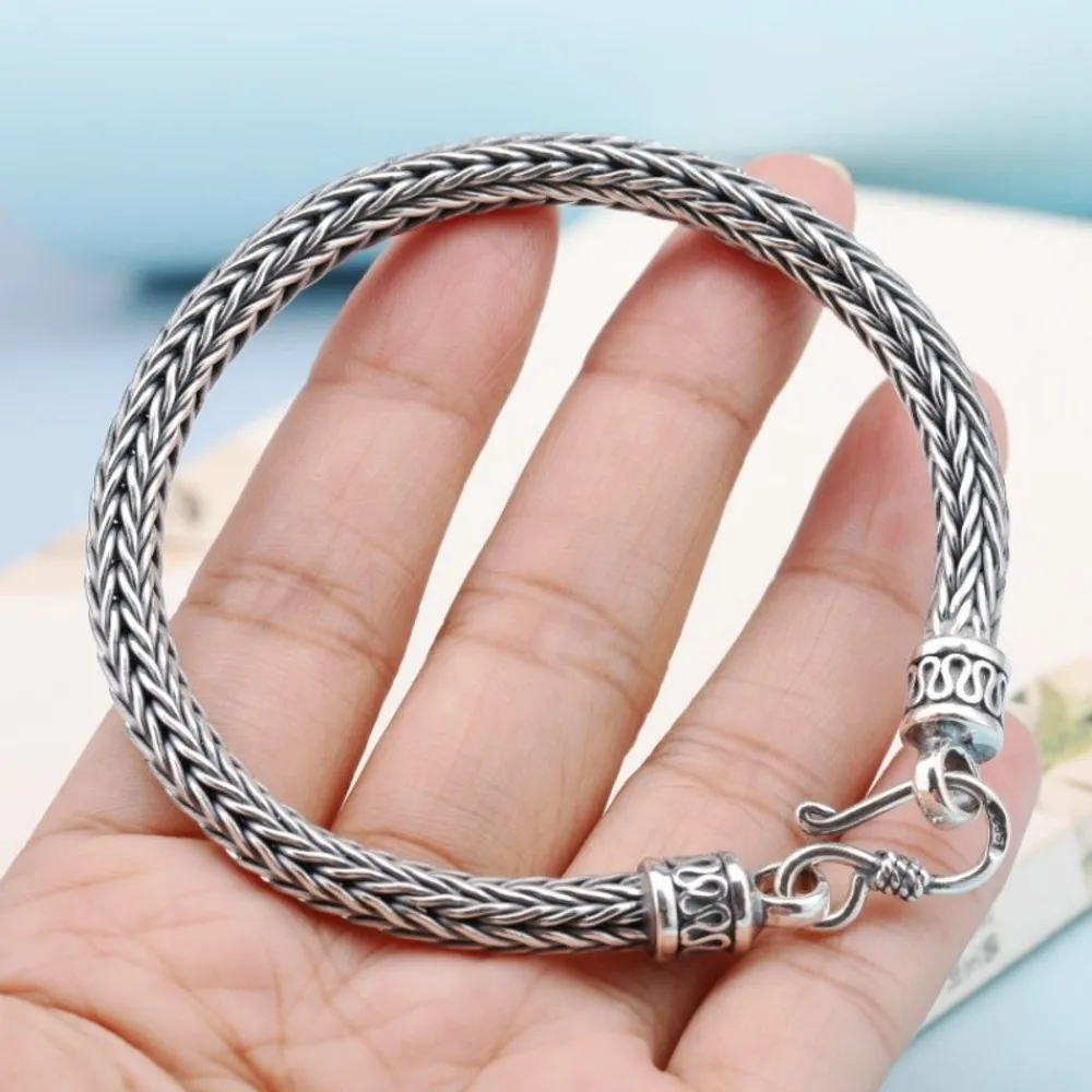 

Real Solid 925 Sterling Silver Chain Men Lucky 8mm Wheat Foxtail Bracelet 40-42g /22cm