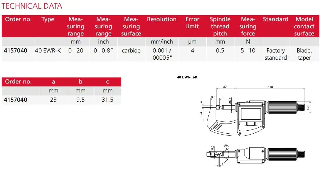 

Микромар 2025ар 40EWRi-K/40EWR-K 4157140 4157040 цифровые микрометры обжимной высоты