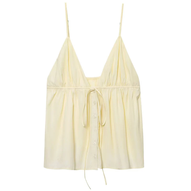 HXAO Women Top Yellow Slip Top Women Summer 2025 Crop Lace-Up Tanks & Camis Ruffled Sleeveless Backless Short Tank Top Chic Tops