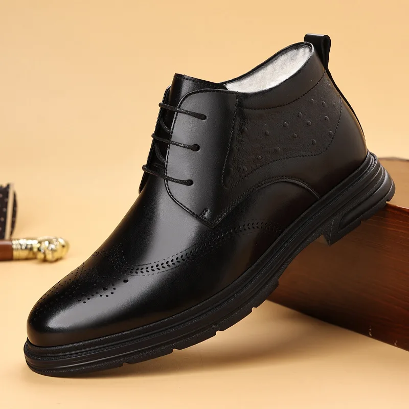 أحذية جلدية للرجال، أحذية جلدية شتوية دافئة عالية الجودة من الصوف، أحذية جلدية رسمية للأعمال