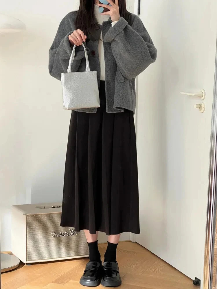 Cappotti di lana da donna Crop Vintage manica lunga con bottoni Office Lady Capispalla semplice Autunno Inverno Nuove eleganti top corti dolci e solidi