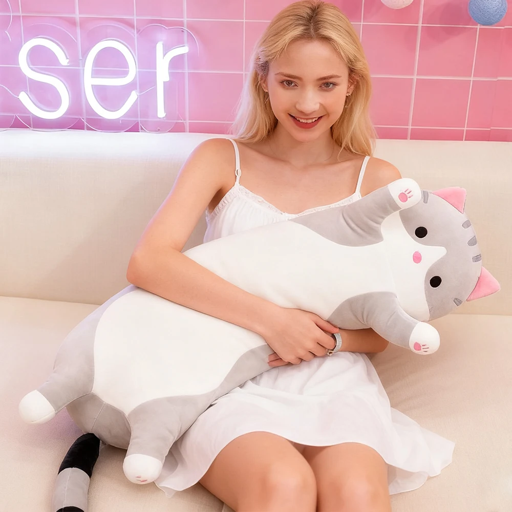 Popularna, długa pluszowa zabawka w kształcie kota, poduszka, czarno-różowo-szaro-żółta, miękka, do przytulania, lalka do spania, prezent dla chłopców, dziewczynek, dzieci, na święta, urodziny.