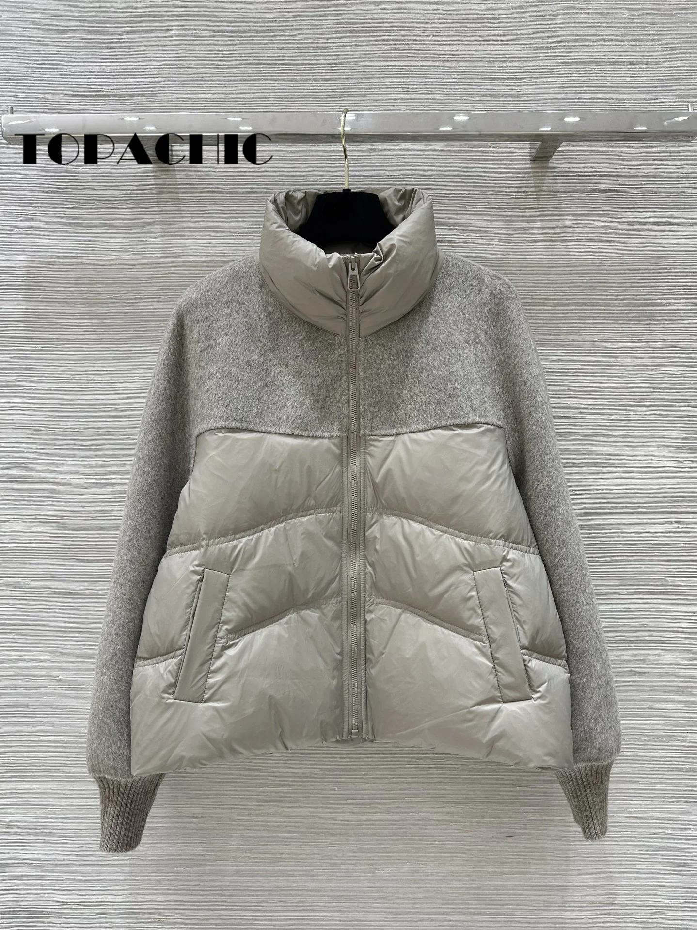 10.7 TOPACHIC-Women Clothes Loose All-matches Double-Sided Wool Spliced Stand Collar Zipper Short Down Outerwear