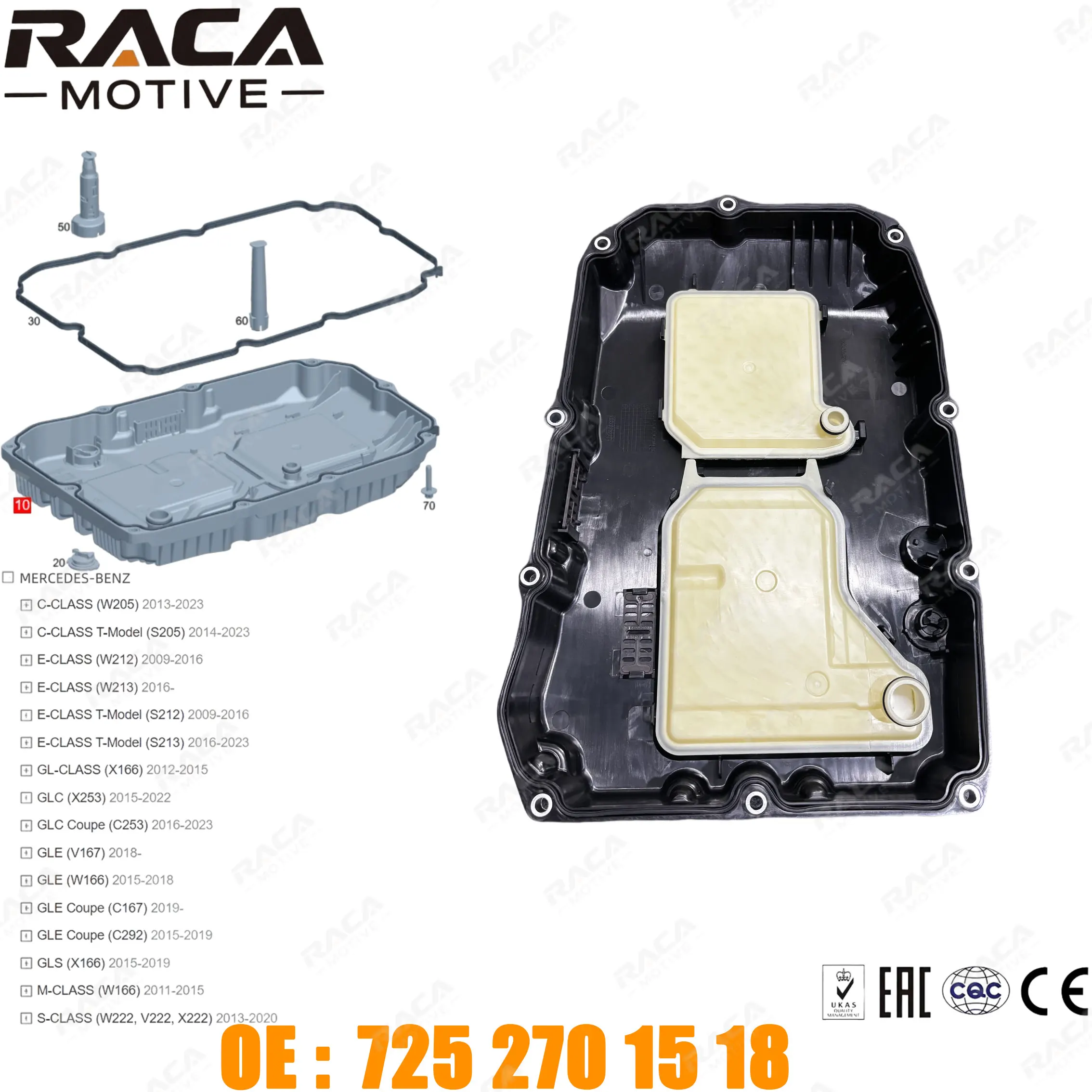 9-Speed/725.0 Transmission Oil Pan Suitable for Mercedes-Benz C-Class (W205, S205), E-Class (W212, W213, S212, S213), Gl (X166), Glc, Gle, Gls, M-Class, S-Class (W222, V222, X222) 7252701518