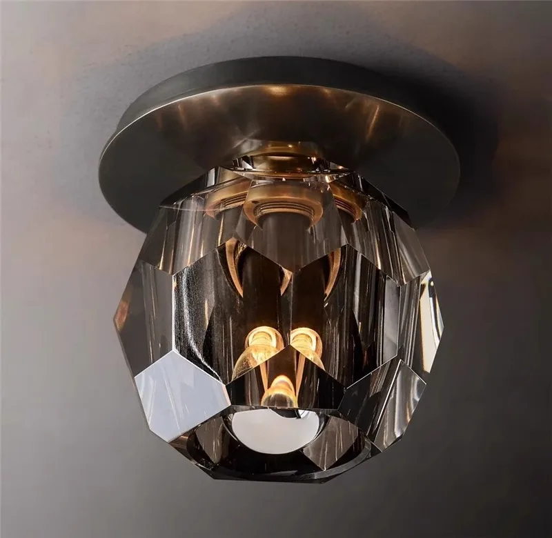 North AmericanRetro Minimalist Ins Solid‑BrassLuxury Crystal Flush Mount Light for Entryway Hallway BalconyFoyer Home Decor Lamp