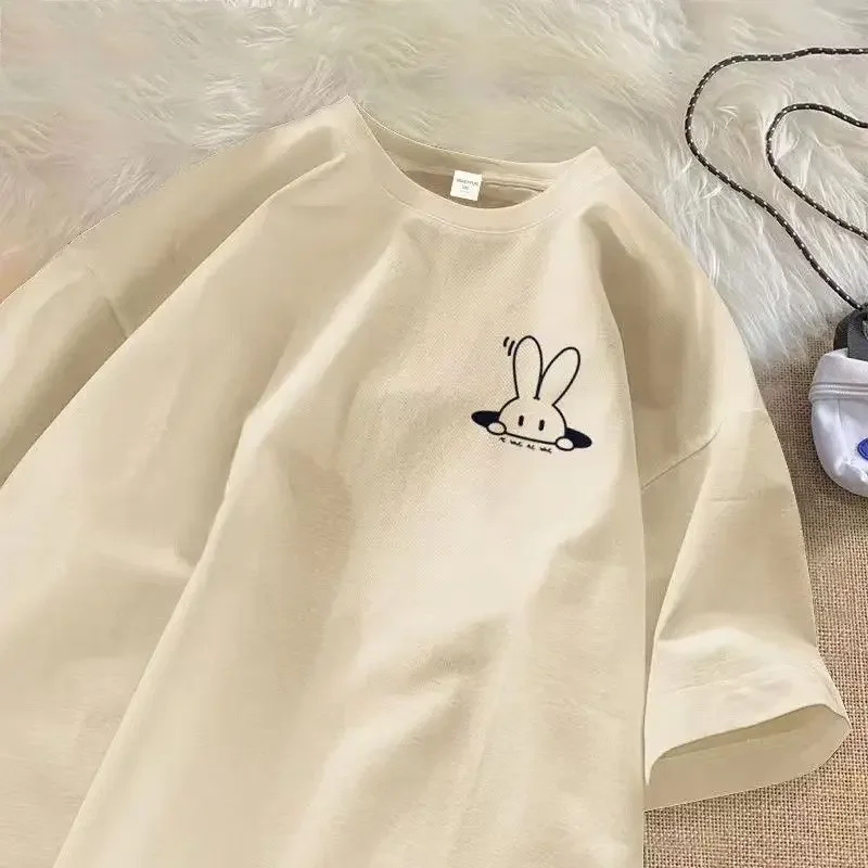 

New Minimalist Rabbit Printed Short Sleeved T-shirt for Men and Women In Summer Loose Casual Pure Cotton Couple Outfit Y2K Top