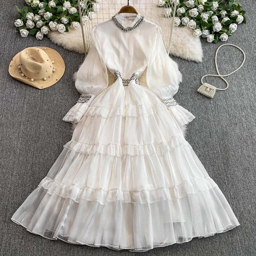 JAMERARY-Robe de Rhen dentelle blanche brodée pour femme, robe mi-longue, manches longues lanterne, fermeture éclair, crochet solide, piste éducative, vacances d'automne