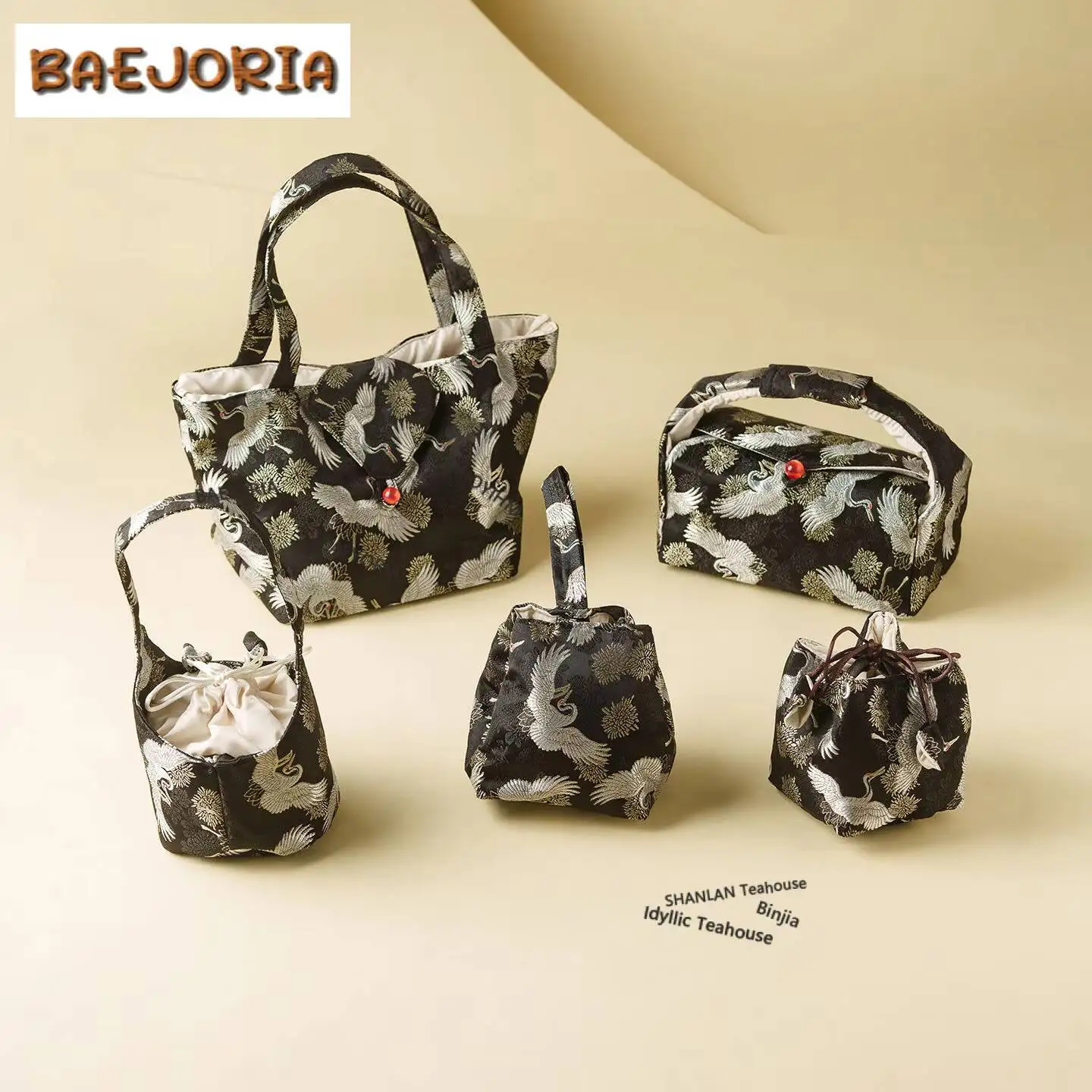 Brocade Embroidered Pine Crane Tea Cozies Luxury Tea Cozy For Teapot Hand Bag Travel Tea Set Bag Chinese Tea Set Accessories view 3
