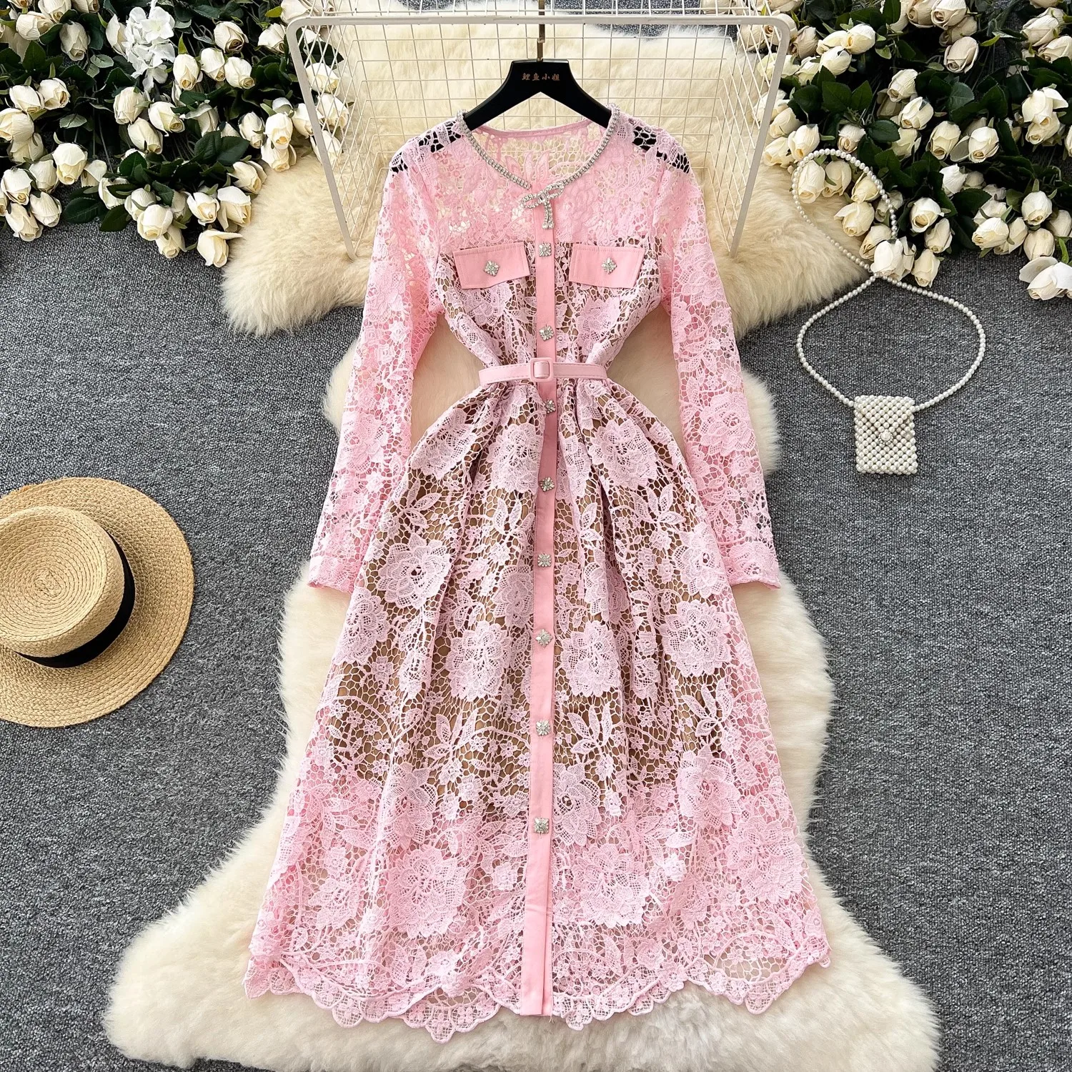 

Runway Hollow Out Water Soluble Lace Dress Autumn Women's Short Sleeve Single Breasted Golden Button Belted Embroidery Vestidos