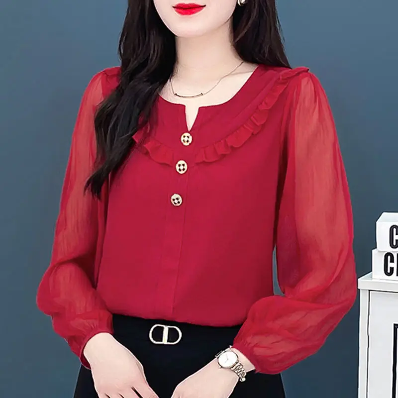 Elegant Fashion Harajuku Slim Fit All Match Blusa Patchwork Solid Button Long Sleeve Tops Women Stand Collar Women\'s Clothing