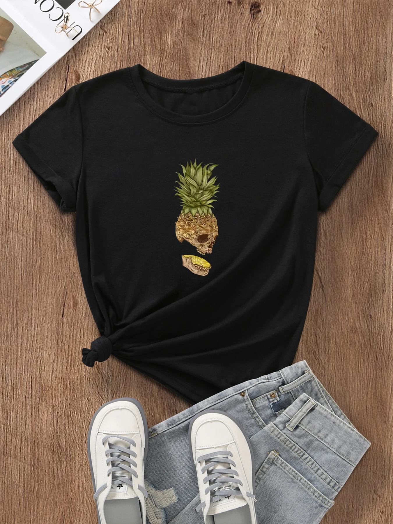 Pineapple Skull Halloween T-shirt Cotton Retro Gothic grunge style Aesthetic fashion unisex Casual Short Sleeve Tee