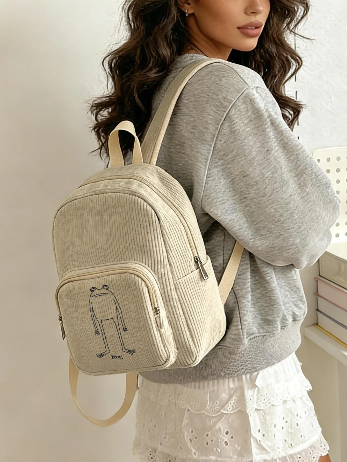 

Minimalist Line Art Frog Print Women Fashion Backpack Corduroy Multi-pocket Large Capacity Commuter Bag