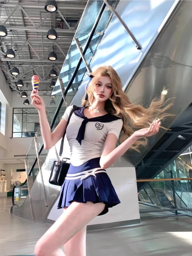 

High Quality Hot Selling Wholesale College T-shirt Women's Navy Collar Tied Top Personalized Blue Bow Pleated Skirt Kawaii Y2k