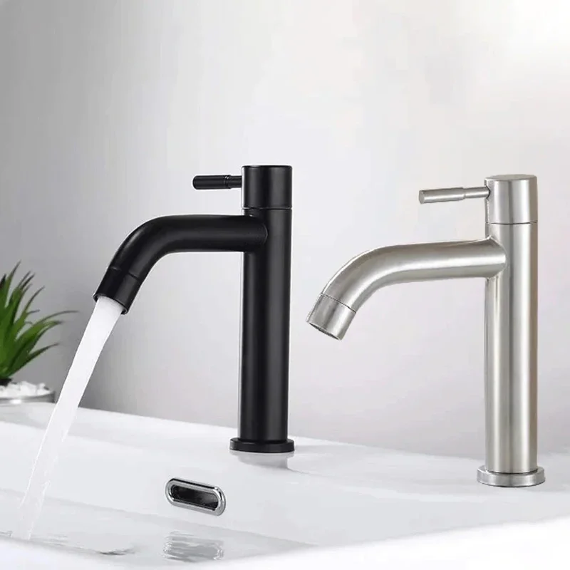

Basin Faucet 304 Stainless Steel Single Cold Water Tap Black Silver Color Deck Mounted Lengthening and Raising Basin Sink Tap
