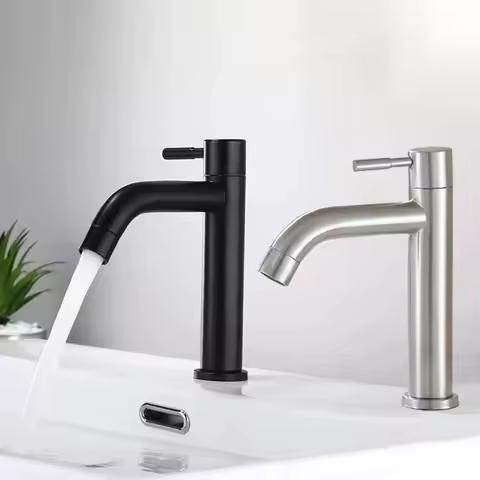 Basin Faucet 304 Stainless Steel Single Cold Water Tap Black Silver Color Deck Mounted Lengthening and Raising Basin Sink Tap