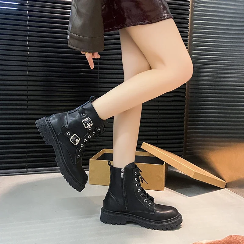Botines De tacón cuadrado con cordones delanteros para Mujer, botas De moto New Rock, Zapatos De plataforma De tallas grandes para Mujer, Zapatos negros 2025