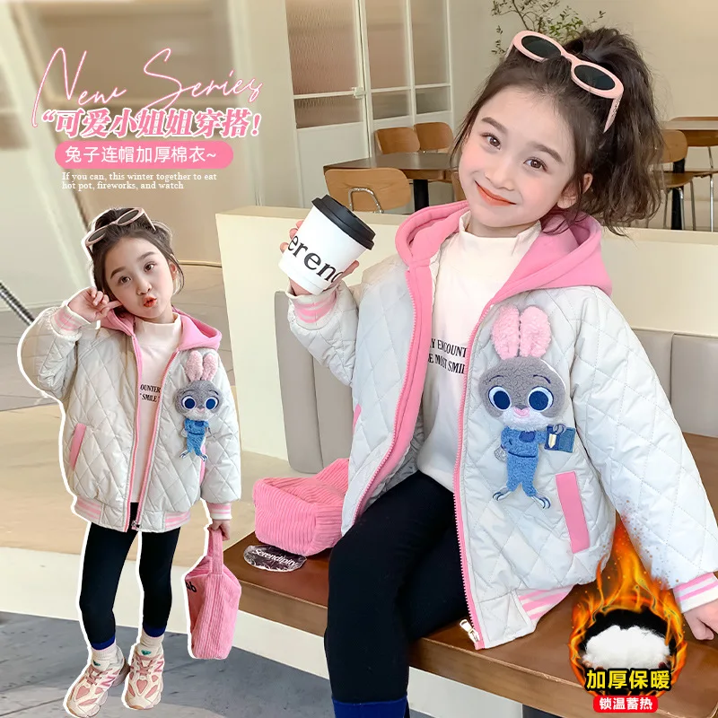 

Утепленная стеганая куртка с мультяшным кроликом Дисней Джуди Хоппс, весна 2026, новая модная детская милая куртка с капюшоном, хлопковая куртка