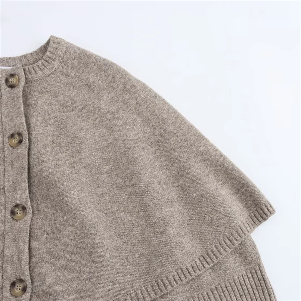 Autumn New Product Women's Fashion Casual Cape Design Round Neck Short Sleeve Single breasted Knitted Coat