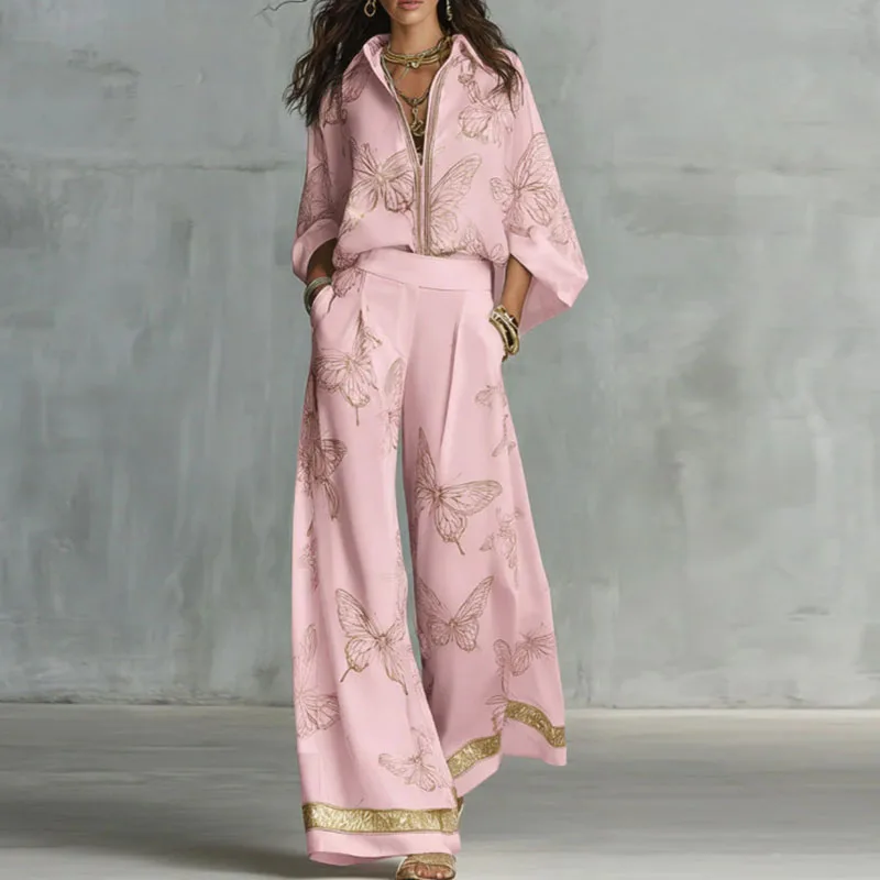 

2026 Women Butterfly Print 2 Piece Outfit Shirt Wide Leg Pants Set Golden Trim Lapel Zipper Solid Trousers Holiday Matching Suit