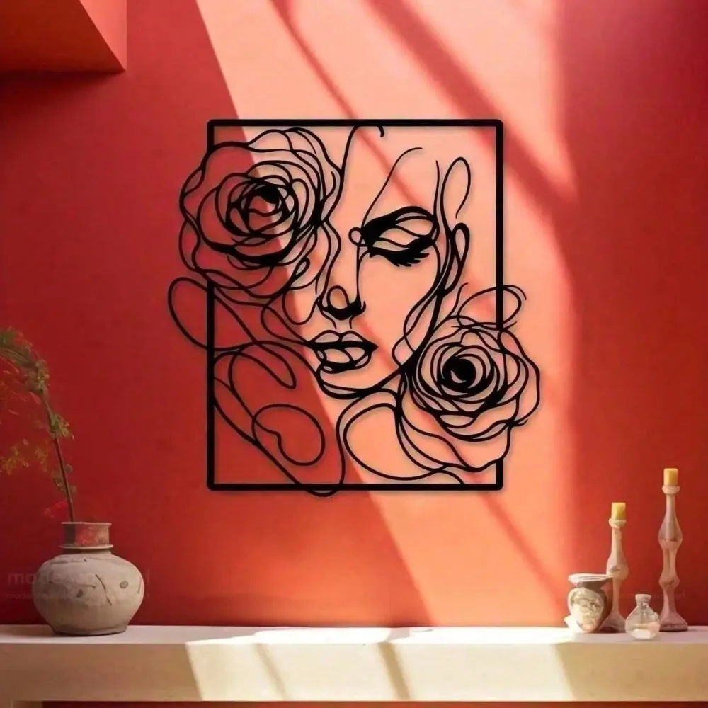 Black Rose Line Art Woman Metal Wall Art Waterproof Modern Home Wedding Salon Rustproof Iron Hanging Unique Decor Gift Ornament