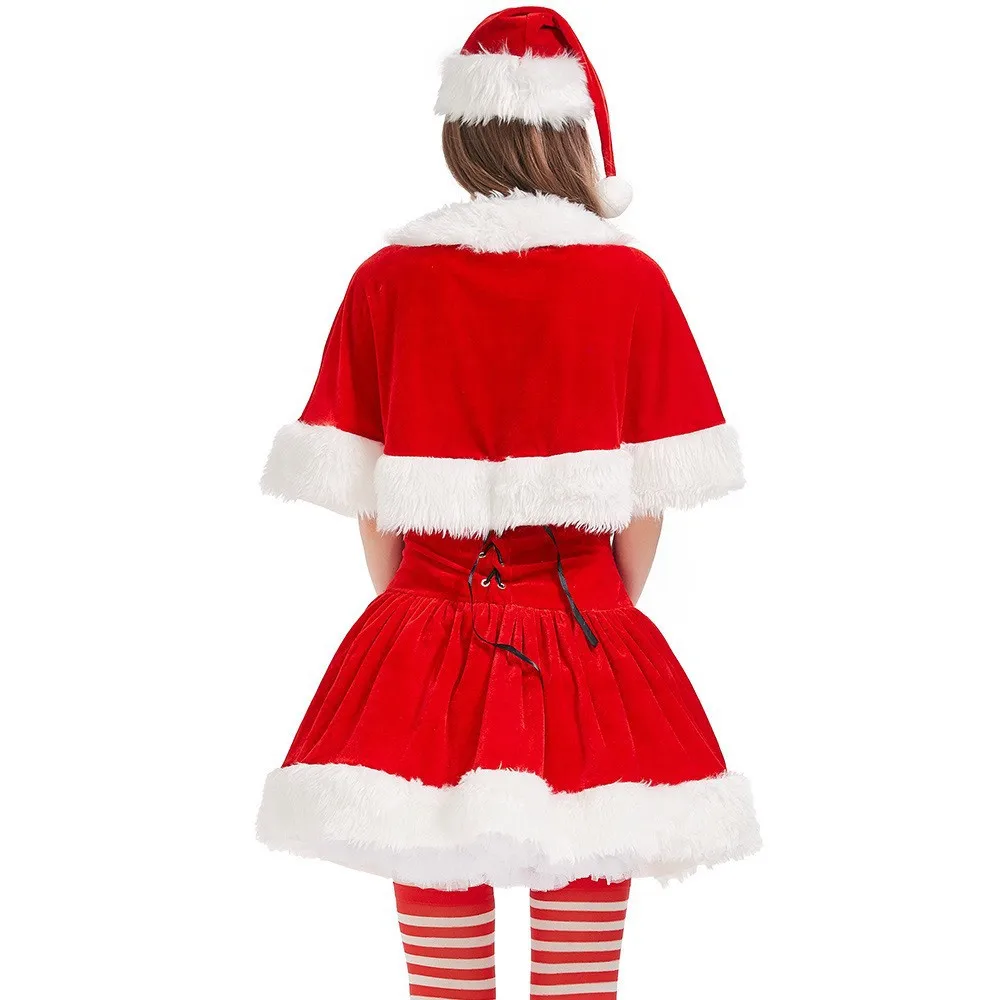 ชุดคอสเพลย์ซานตาคลอสชุดหมวกคริสต์มาสผ้าคลุมไหล่ชุดมินิเดรสสายเสื้อชั้นในสีแดง2024สำหรับผู้หญิงชุดปาร์ตี้คริสต์มาสปีใหม่