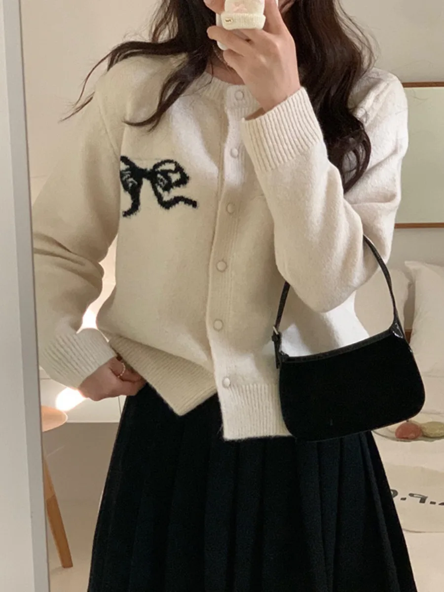 Korea Chic Autumn Bow Embroidery Knitted Cardigans 2024 Winter New Fashion Single Breasted O-neck Sweater Knitwear Coat