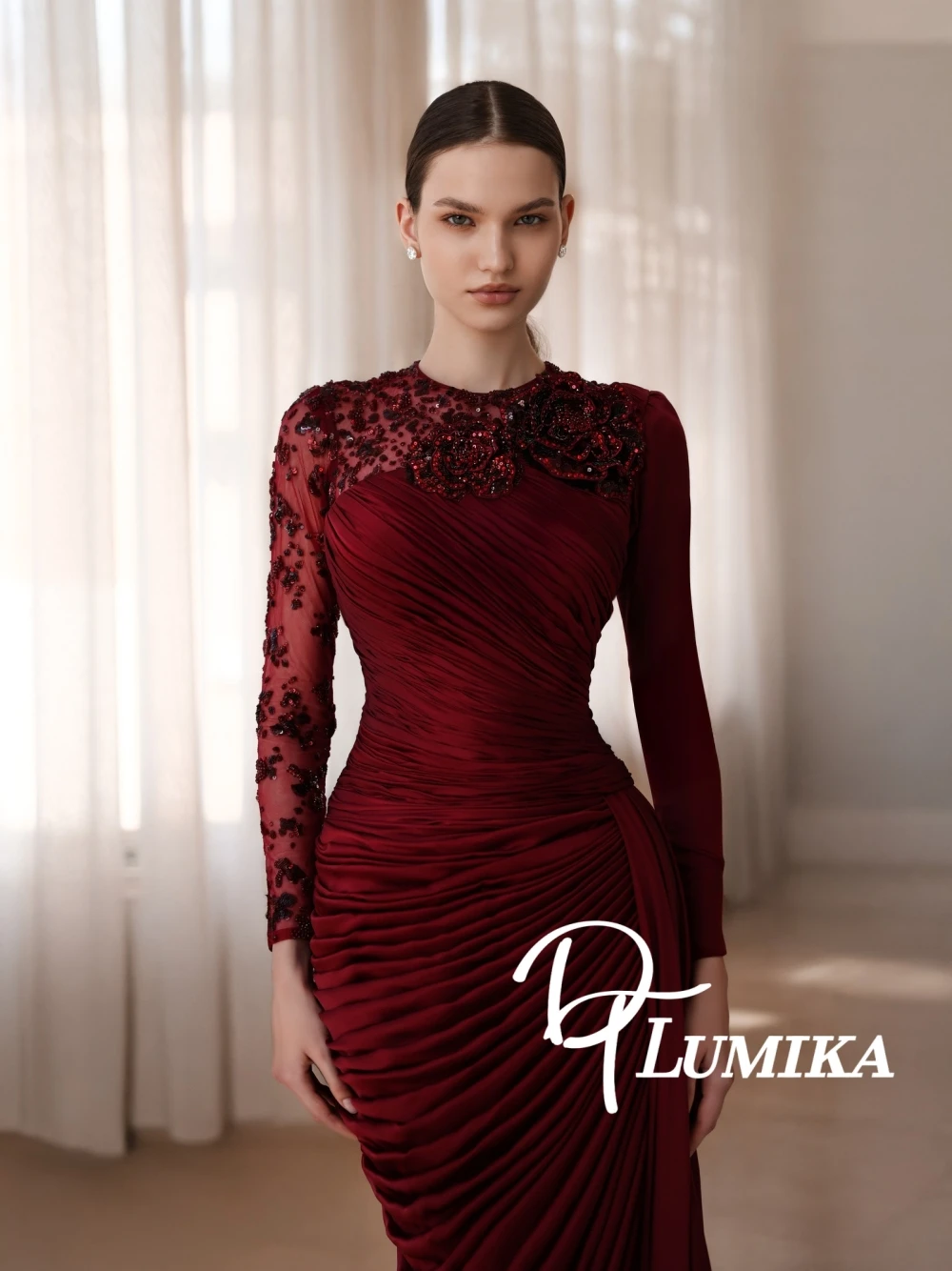 

DTLumika Burgundy Mermaid Pleated Evening Dress Customized Romantic Long Sleeved Beaded O Neckline Charming Cocktail Gown