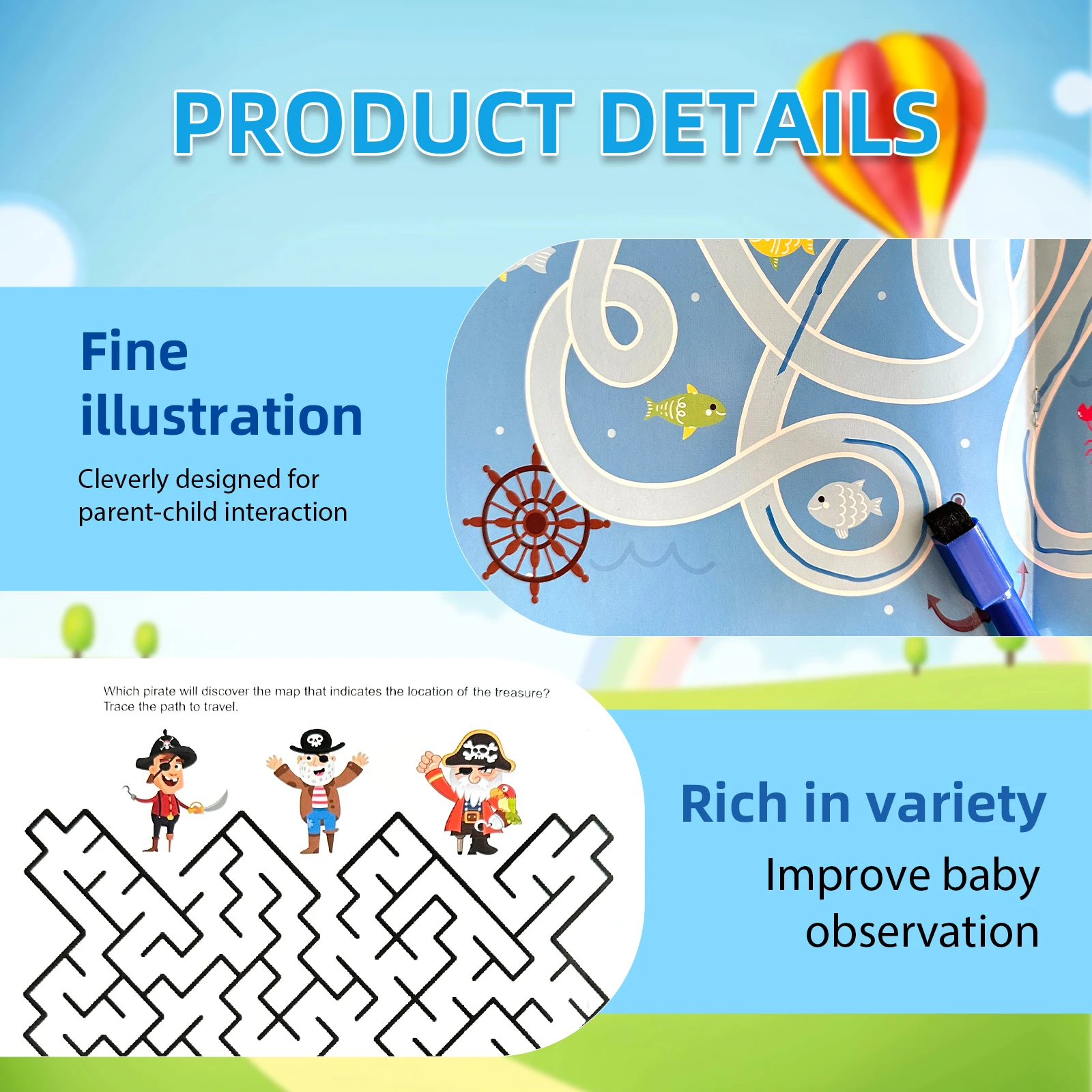 English Children's Puzzle Book 3-6 years old Intelligence Training Help the Pirates Find the Treasure With Erasable Pen Gift