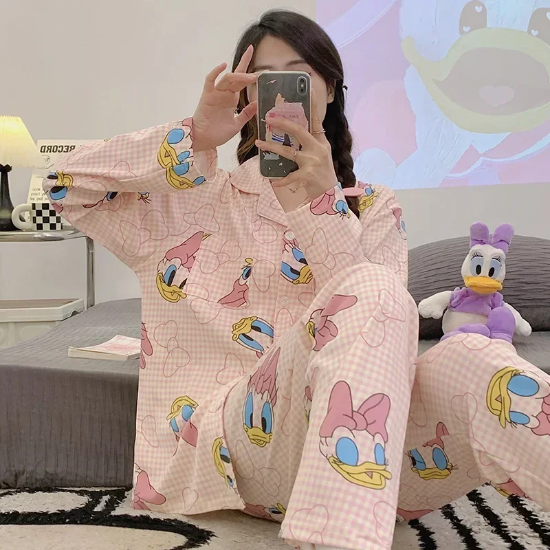 Disney-Ensemble de pyjama Donald Duck pour femme, manches longues, coton, dessin animé, vêtements de détente, pantalon, automne