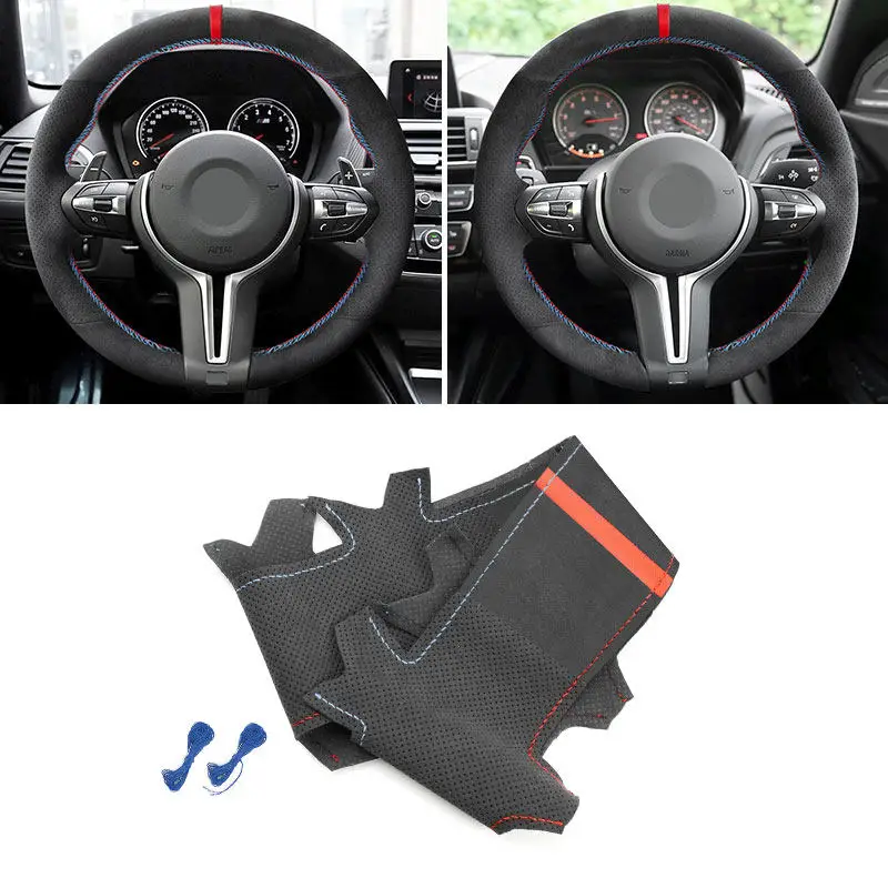 

Car Steering Wheel Suede Leather Cover For BMW M Sport F21 F25 F45 F31 F11 F12 F85 X3 X5 X6 Coupe Red Blue Line With Red Strip
