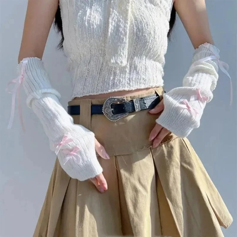 Chauffe-bras doux tricoté avec motifs de nœud papillon pour femmes et filles, mitaines demi-doigt, manches de bras de couleur unie