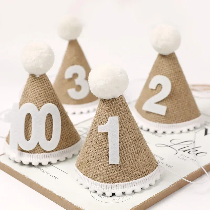 1 2 3 Birthday Hat Crown Khaki Log Linene Baby Boy Girl Kids Hat Top White Ball Birthday Party Decor Cap Baby Headband Supplies