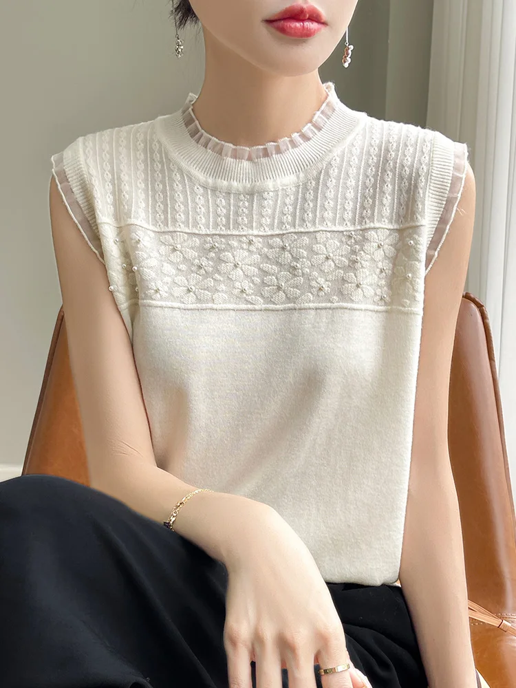 Summer new women\'s sweater lace wood ear 100% pure merino sweater sleeveless O-neck hollow T-shirt