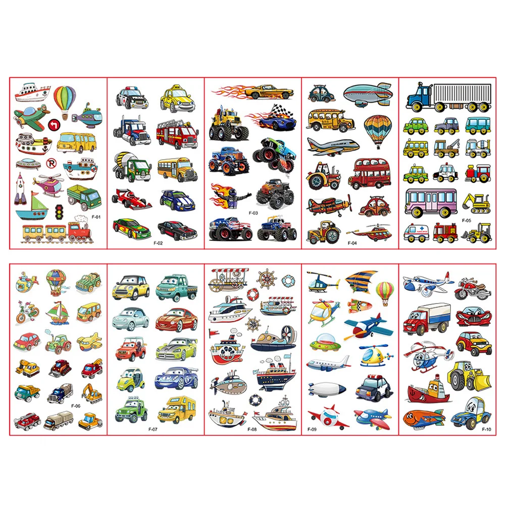 10 Pcs/Set Children Cute Cartoon Transport Tattoo Stickers for Kids Engineering Vehicle Cars Fake Temporary Tattoo Boys Gift