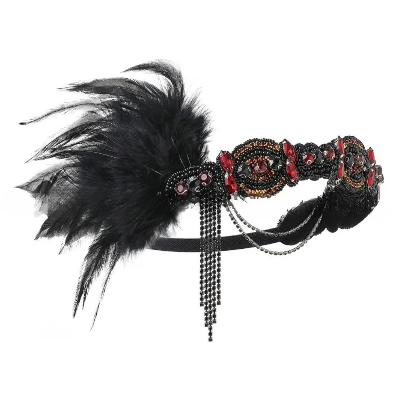 

Vintage Tassel Rhinestone Hair Accessory Feather Headband European American Feather Headband Ball Party Dress Accessory